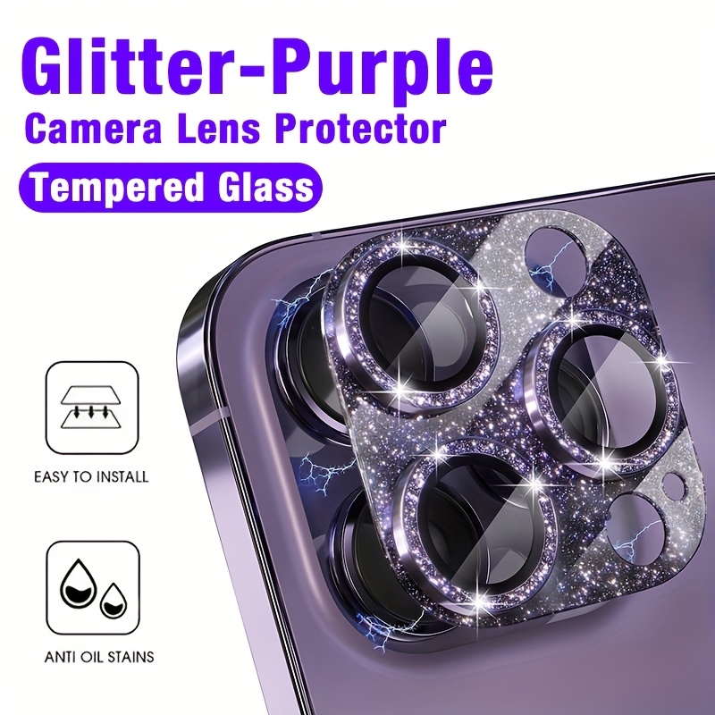 Tempered Glass Screen 9H - 1 ชิ้น Glitter-สีม่วงตัวป้องกันเลนส์กล้องสําหรับ iPhone 16/15/14/Plus/Pro/Pro Max,